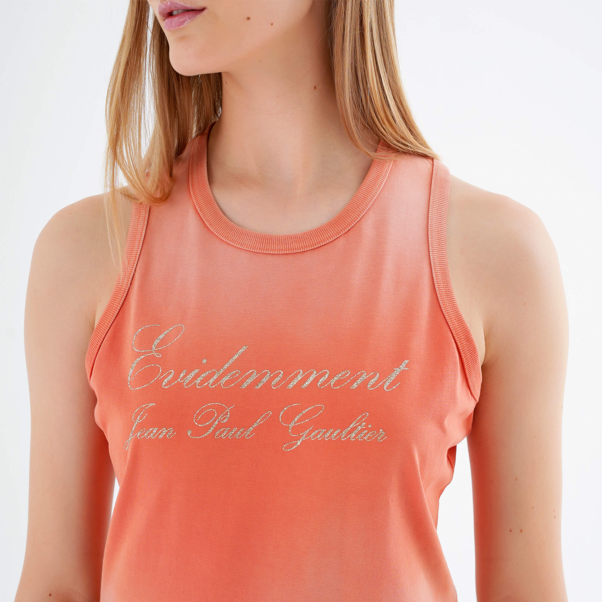 Jean Paul Gaultier - Orange Washed Effected Cotton Tank top w Glitter Motto